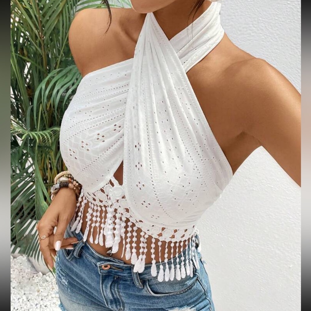 Boho Eyelet Open Front Fringe Cropped Top White
